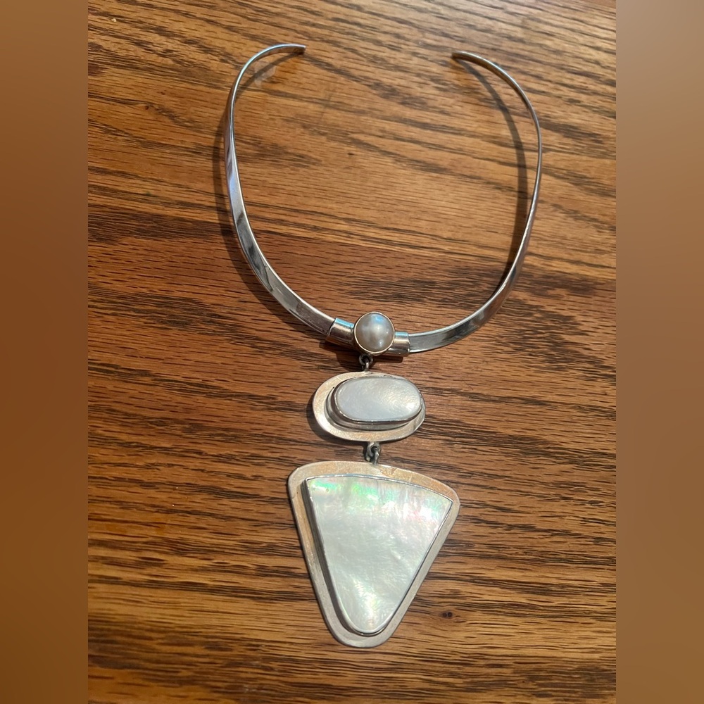 Vintage Artisan 925 Collar 3 Mother of Pearl Dangle Pendant Large Piece